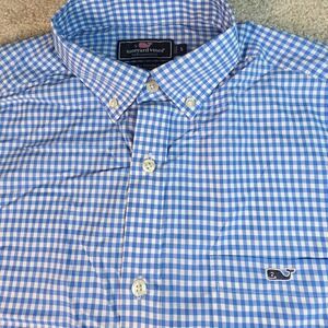 Vineyard Vines Perforance Classic Fit Trucker Shirt Mens Size Small Blue Gingham